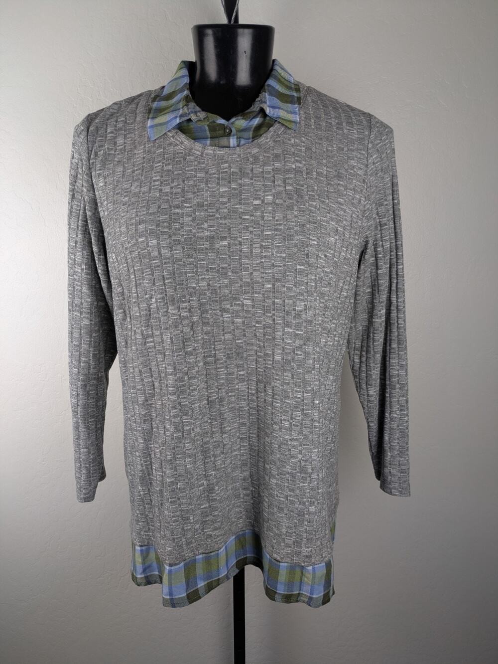 CJ Banks Gray Lightweight Knit Sweater Plaid Collar Detail